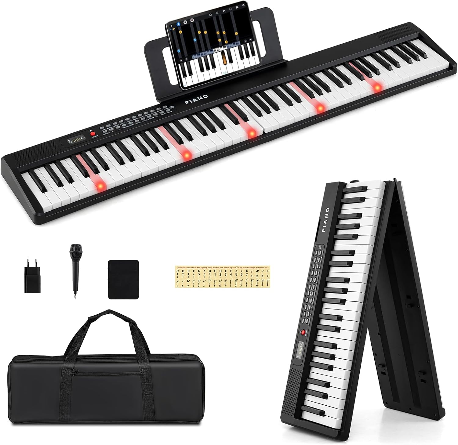Costzon 88 Key Folding Piano Keyboard, Portable Full Size Semi-Weighted Electric Digital Piano with Lighted Keys, MIDI, Microphone, Music Stand, Sustain Pedal & Carrying Bag for Beginners Teens Adults