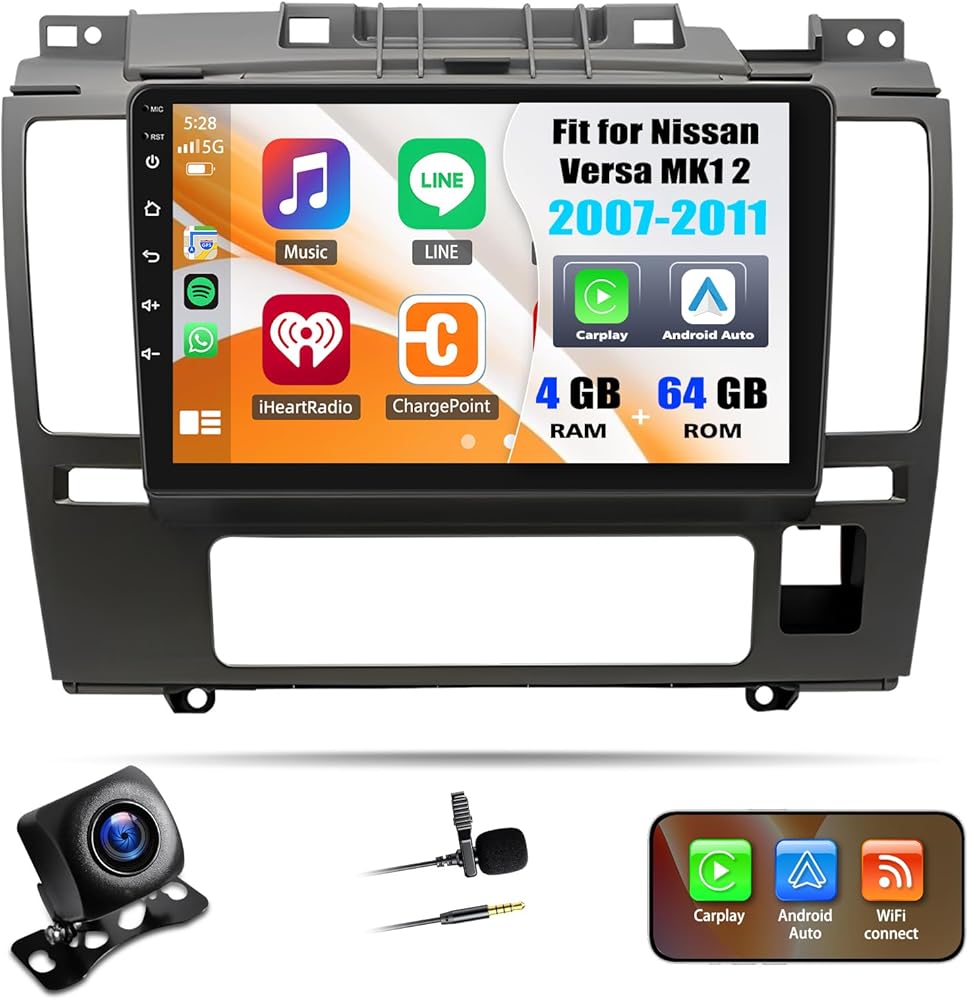 2+32G Android 14 Car Stereo Compatible with Nissan Versa MK1 2007-2011 Radio Upgrade 9 Inch Touch Screen with Wireless Carplay Android Auto AHD Backup Camera Mirror Link GPS SWC WiFi FM