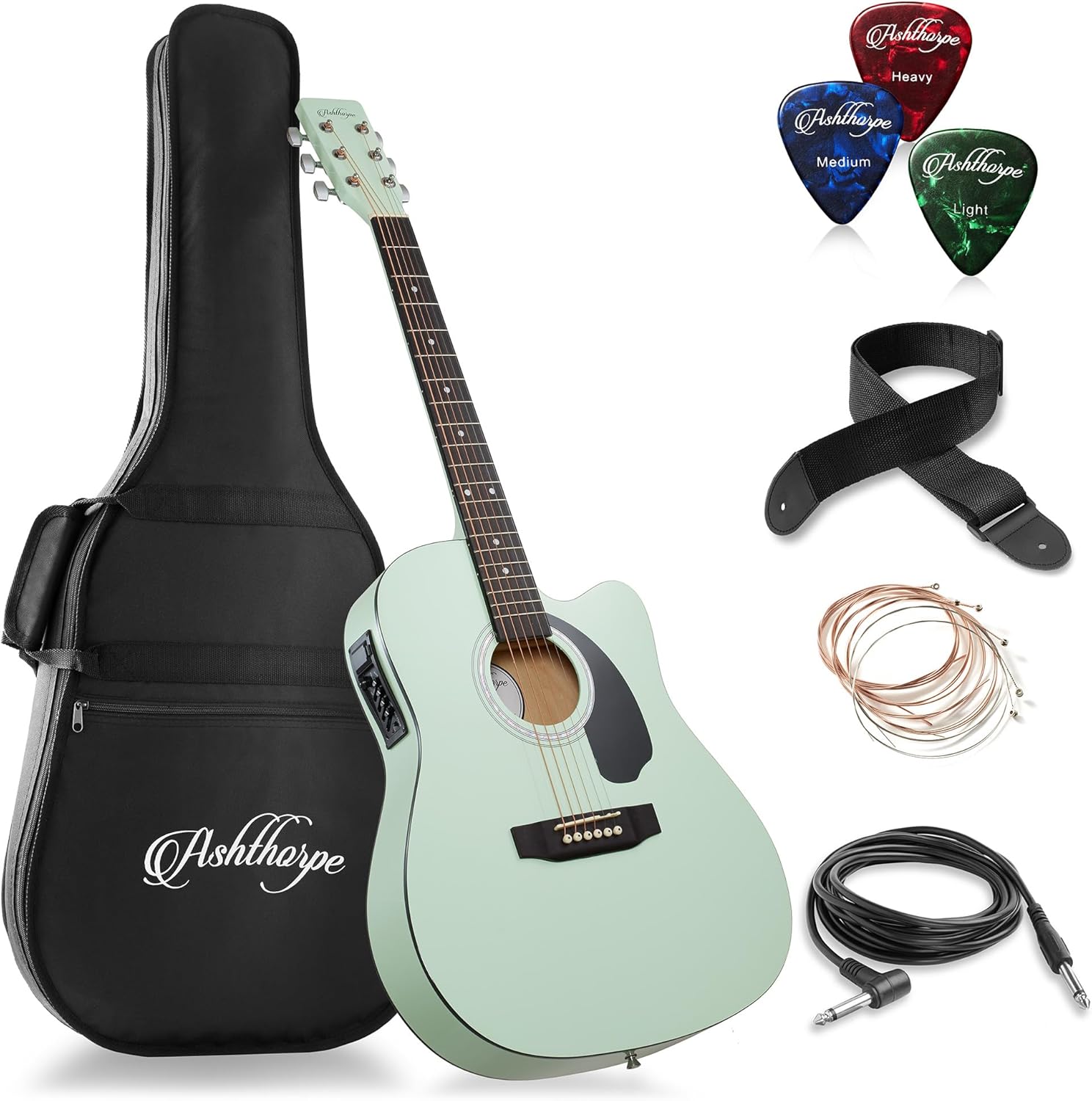 Ashthorpe Full-Size Cutaway Thinline Acoustic-Electric Guitar Package - Premium Tonewoods - Mint Green