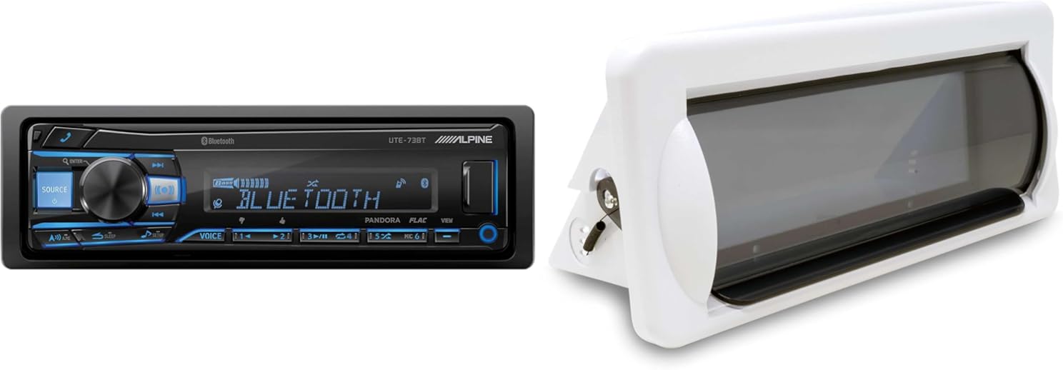 Alpine UTE-73BT Mech-Less Digital Media Receiver with Bluetooth® Wireless Technology with Creative Audio CAMC1W Marine Single DIN Radio Mounting Kit with Retractable Cover (White)