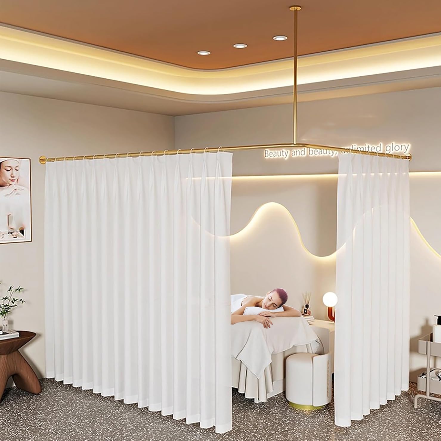 L-Shaped Room Divider Curtain, 90x47in Corner Sheer Voile Privacy Screen for Beauty Salon, Studio Apartment, Bedroom Partition, Decorative Wall Mount Privacy Curtains with Metal Rods (White)