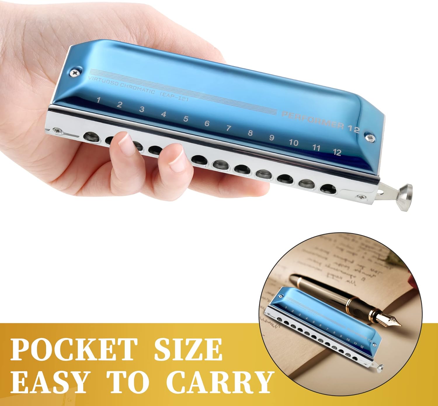 East top Chromatic Harmonica, 12-Hole 48-Tone Key of C, ABS Comb, Phosphor Bronze Reed, Blue Cover (EAP-12)