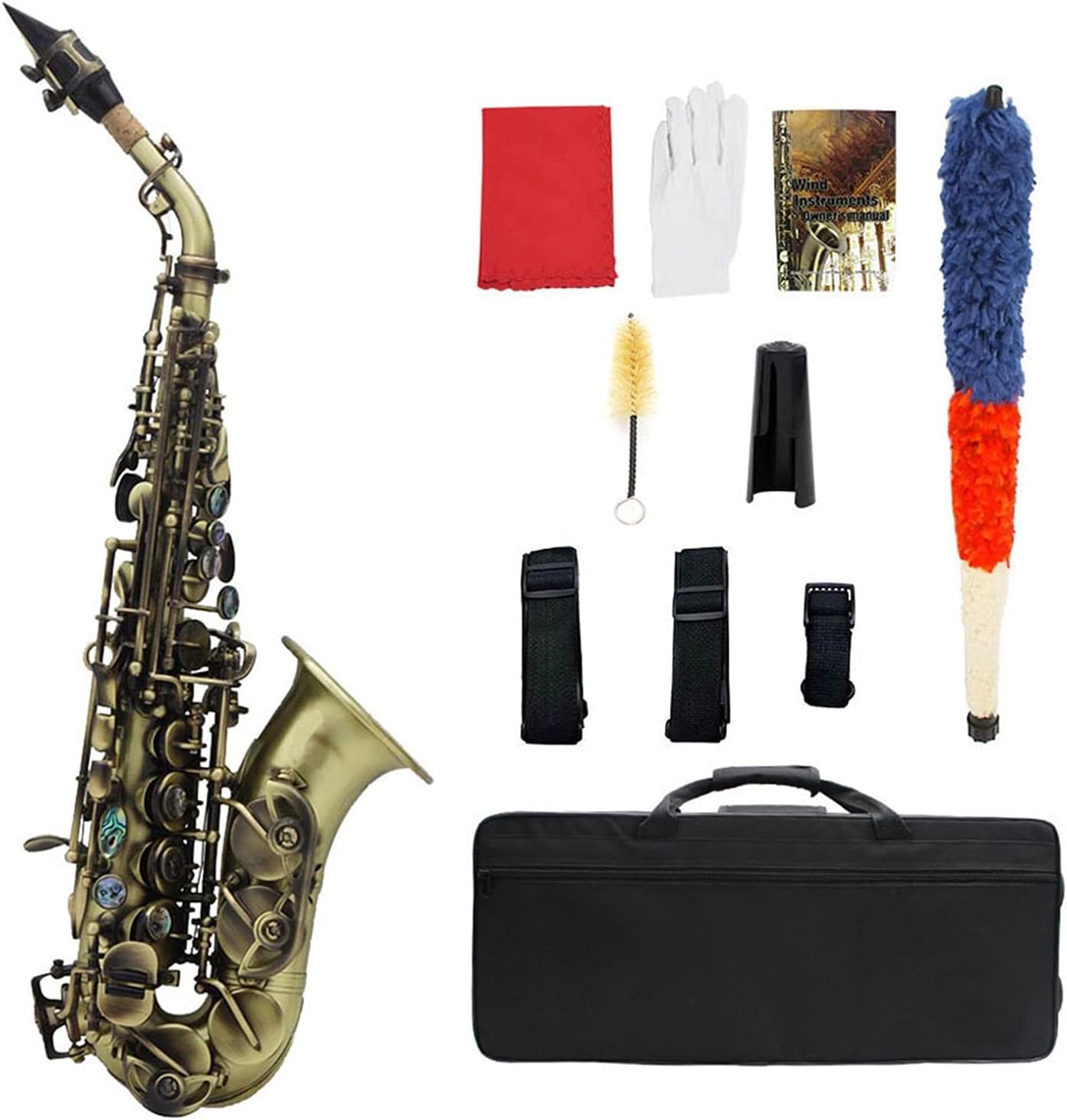 Professional Saxophone Bb Soprano Saxophone Sax Brass Material Black Nickel Plated Woodwind Instrument with Carry Case Gloves Cleaning Cloth Brush Brass Sax Beginners Kit (Color : Brass)