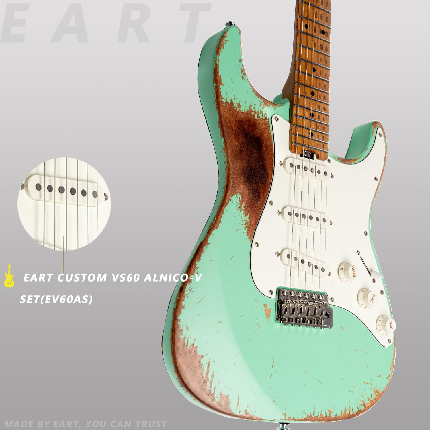 EART Vintage-VS60HM 6 String Medium Relic Solid-Body Size Roasted Canada Maple Relic Finish VS60 Pickups 6-Point Synchronized Tremolo Bridge Electric Guitar for Blues, Classics,Right Hand