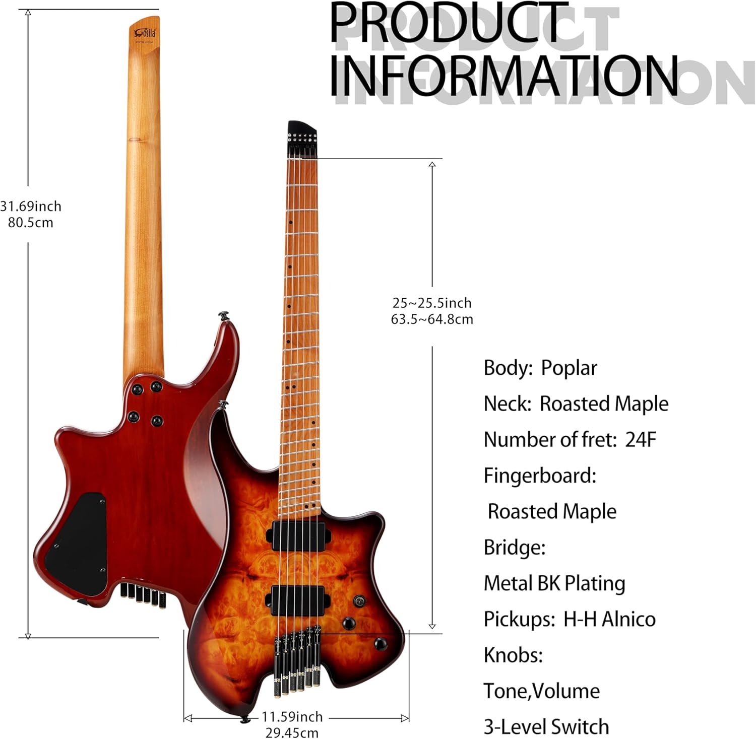 6 String Headless Electric Guitar poplar body Carbon Fibre Maple neck fanned fret