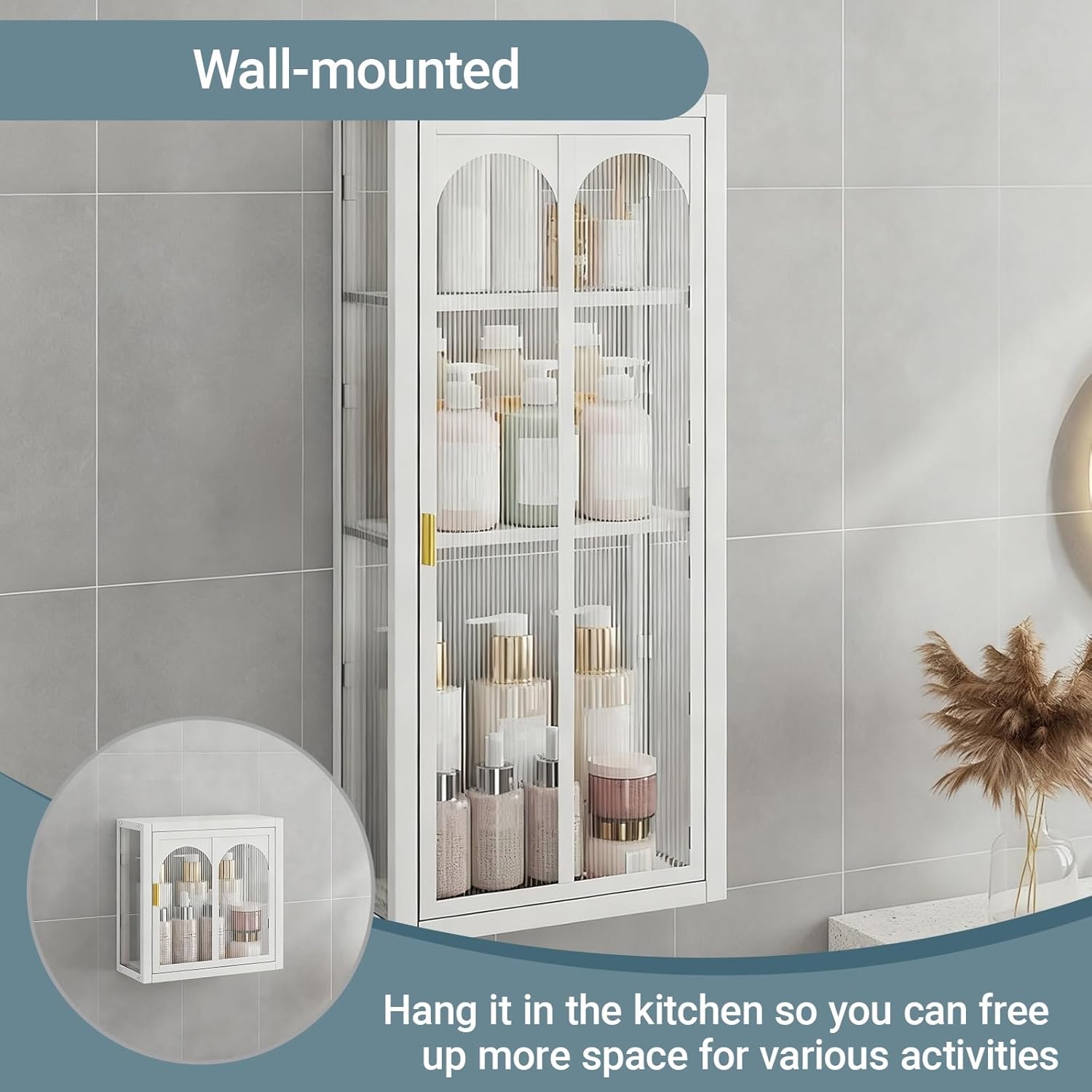 Corner Kitchen Wall Mounted Glass Display Cabinet Compact Bathroom Storage Cabinets Wall Mount with Door for Bedroom, Living Room, Bathroom, Kitchen(Black,30*14*34.5CM/11.8*5.5*13.6IN)