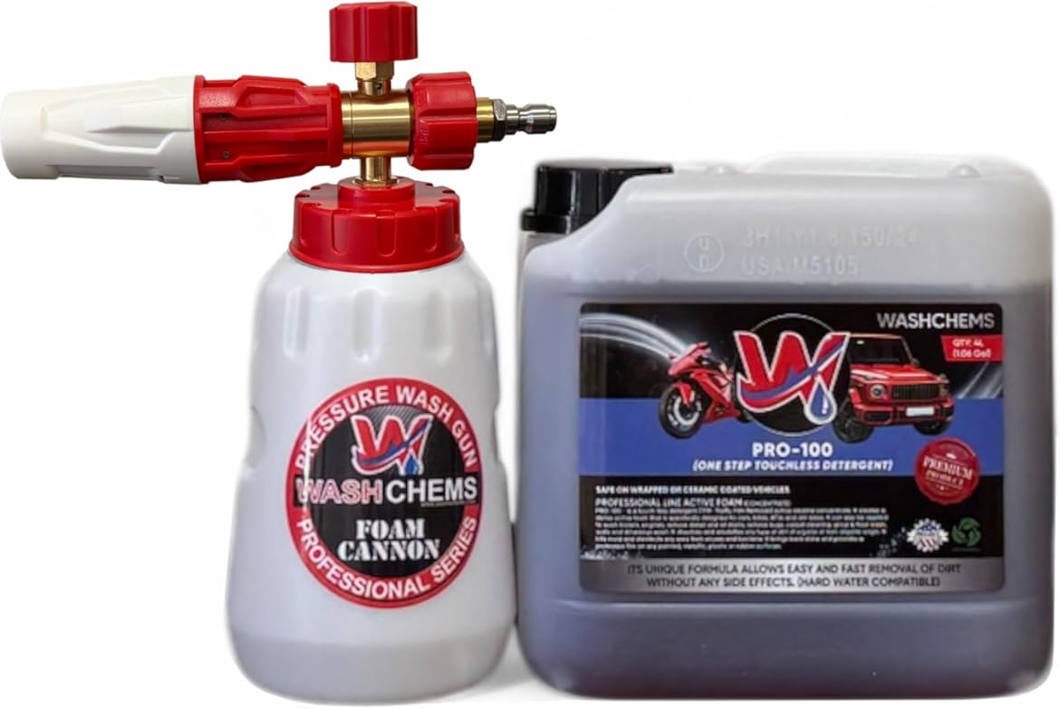 Wash Chems PRO-100 Touchless Car Wash Detergent Soap with Foam Cannon Combo (1 Gallon, 128 oz.) No Brushing - Heavy-Duty Commercial Grade Professional Auto Cleaner - Great for Trucks & Tractors