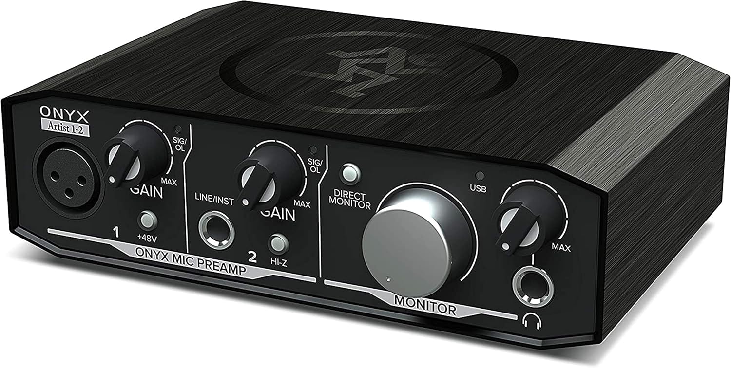 Mackie Onyx Artist 1-2 USB Audio Interface 2-in/2-out, 24-bit/192kHz, with 1 Onyx Mic Preamp, Zero-Latency Direct Monitoring - Mac/PC with Gravity Phone Holder and EMB 1/4