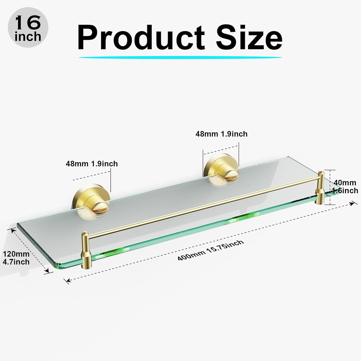 Glass Shelf for Bathroom 2 Pack,16-Inches Floating Glass Shelves Towel Bar/Track(Brushed Gold)