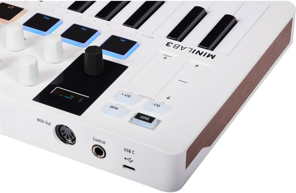 Arturia MiniLab 3 Compact MIDI Keyboard and Pad Controller (White) Bundle with Over-the-Ear Headphones + 6ft MIDI Cable & Cleaning Cloth (4 Items)