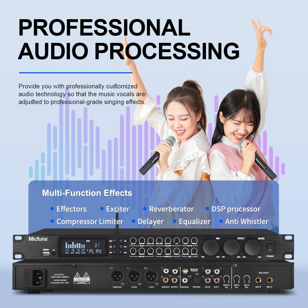 KT900DSP Feedback Suppressor Preamp Preamplifier Karaoke Effector Digital Pre-stage Effector Anti-howling Audio Processor Echo USB MP3 Bluetooth Optical