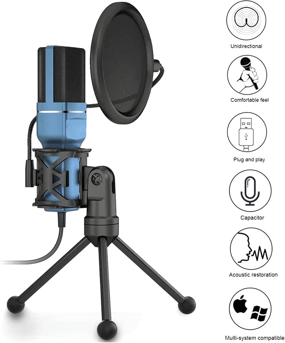 USB Condenser Microphone, Professional Studio Cardioids Microphones Kit with Windscreen and Shock Mount (Color : Black) (Blue)