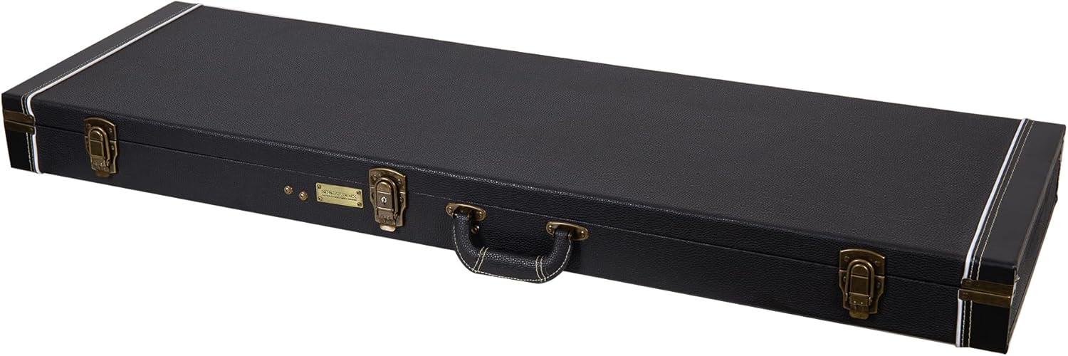 Crossrock Wooden Guitar Case -Fits Electric Bass Guitars- Vintage Hardware, Sponge Lining, Metal Feet, Storage Space-Black (CRW520BBK)
