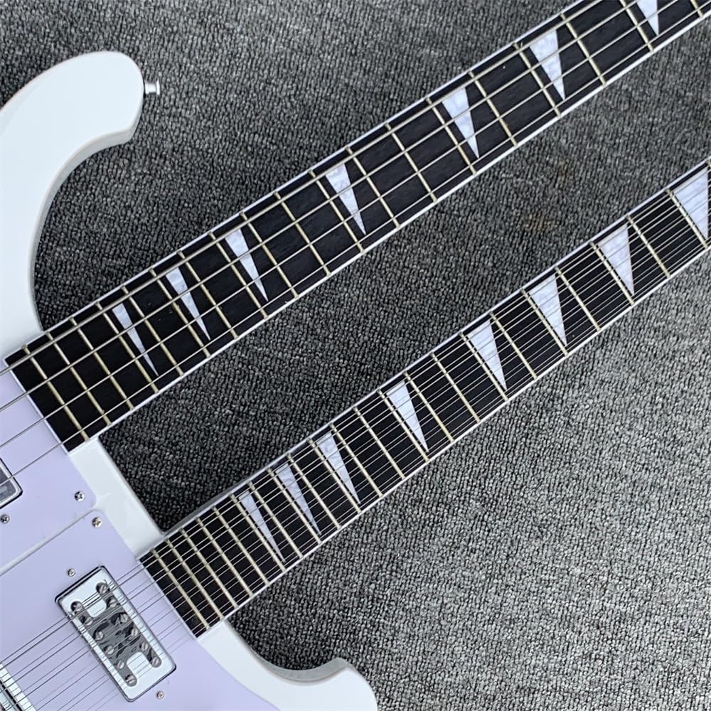 Custom Double Neck 12+4 Strings White body Electric Guitar and Bass with Chrome hardware,White Pickguard,Body binding