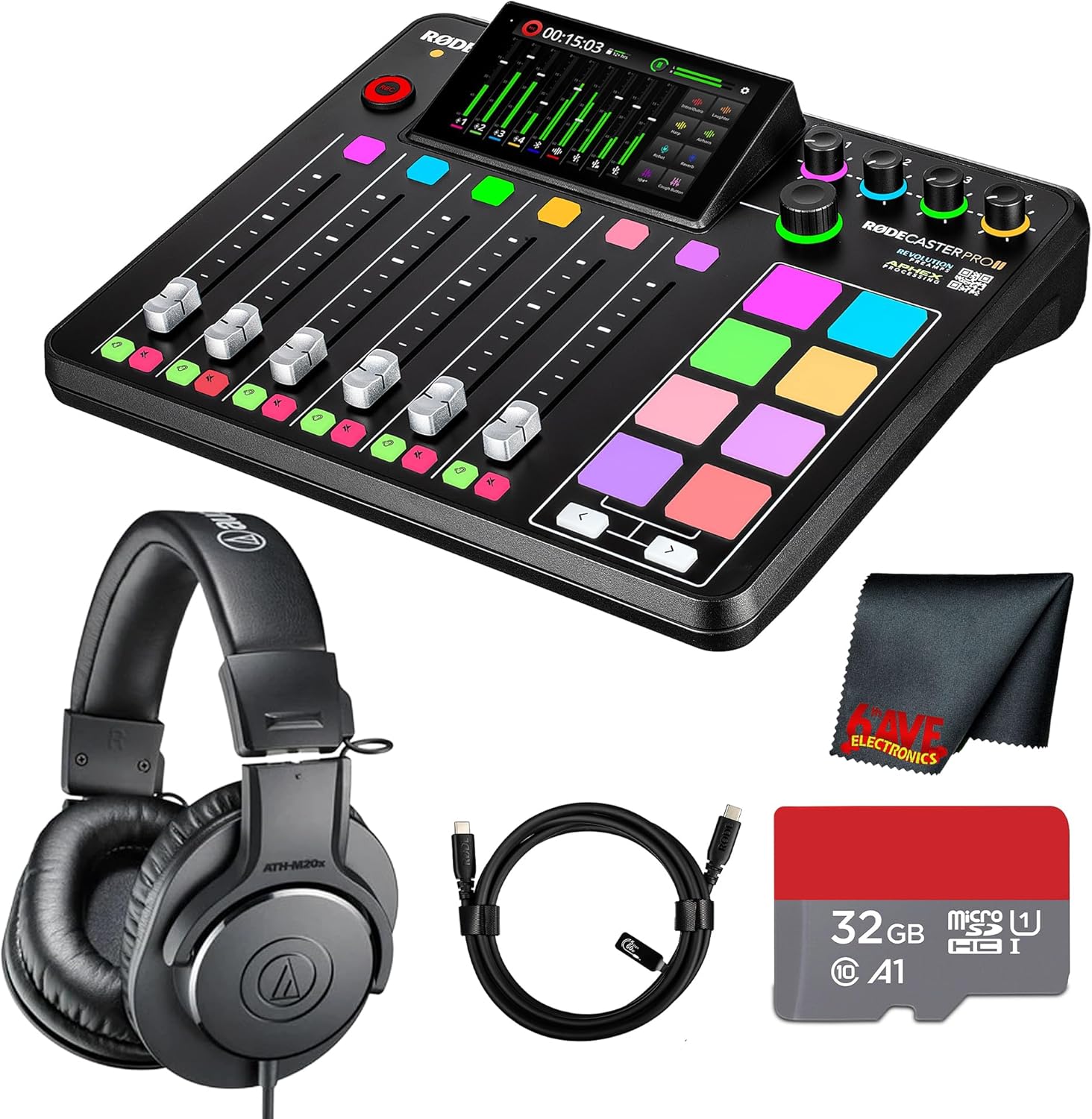 RODE RODECaster Pro II Integrated Audio Production Console | Multi-Channel Interface for Podcasting, Livestreaming, Music & Content Creation + Professional Studio Headphones + 32GB Memory Card