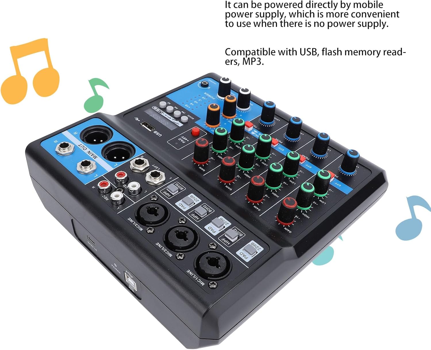 5 Channels DJ Mixer, Metal Material Sound Board Console with Playback USB Compatibility for Mixing and Recording, Small and Lightweight for Music Production (US Plug)