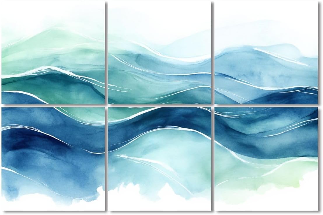 6 Pack Art Acoustic Panels Sound Absorbing Wave Ocean Waves Green Shades Flowing Lines Organic Form Watercolor Decorative Soundproof Wall Panels Self Adhesive for Recording Studios Office 72
