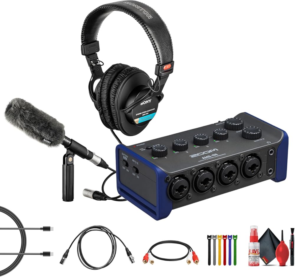 Zoom AMS-44 USB Audio Interface, 4 Inputs, 4 Outputs, for Recording and Streaming Bundle with ECM-VG1 Electret Condenser Microphone + MDR-7506 Professional Stereo Headphones + More