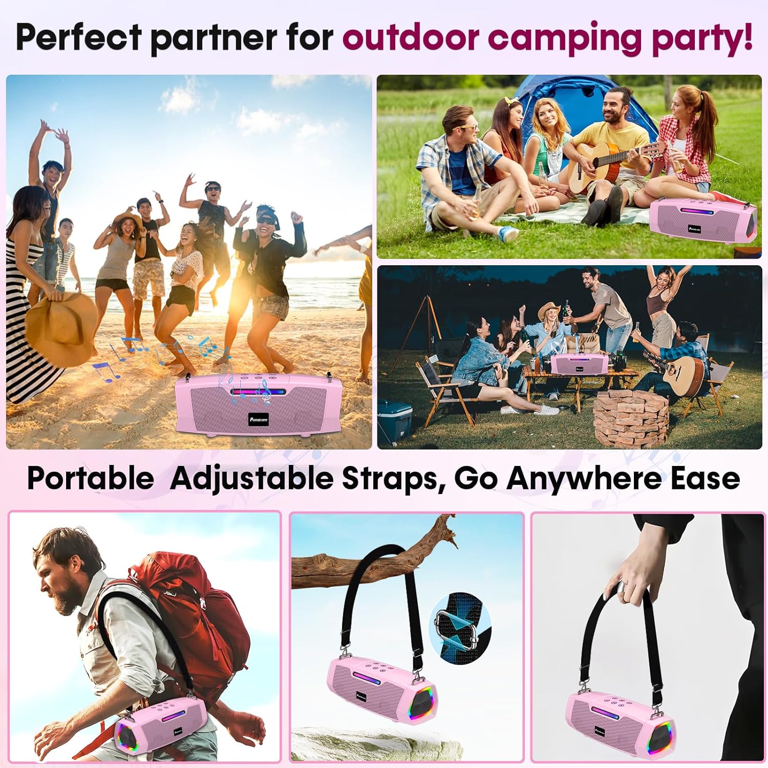 Karaoke Machine with Two Wireless Microphones - Portable 60W Powerful Bluetooth Speaker, Long Battery Life for Outdoor & Family Party, RGB Lights, PA System for Girls, Young Women - Pink