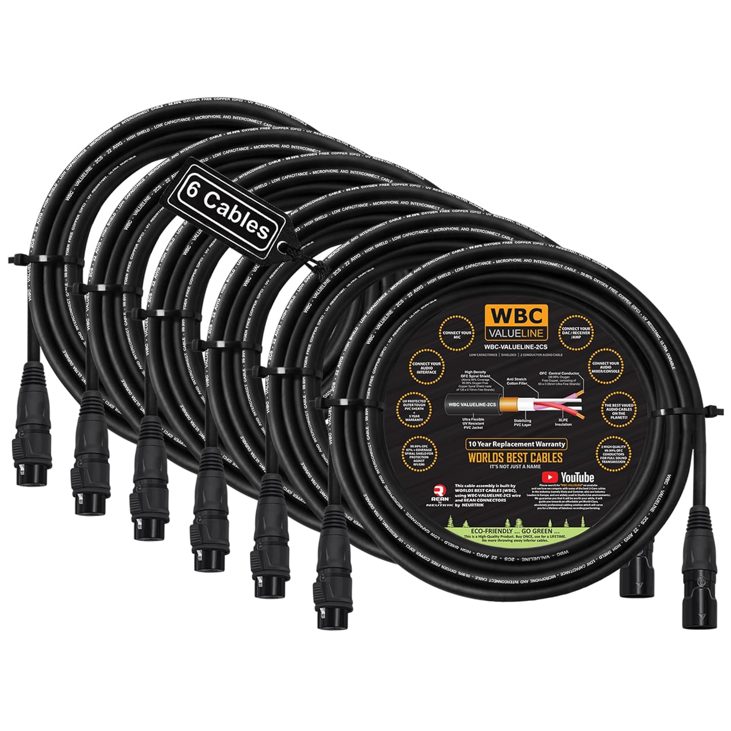 WBC-VALUELINE-2CS (22 AWG) - 6 Units - 15 Foot–Low-Capacitance Shielded Balanced Flexible Microphone, Active-Speaker & Interconnect Cables with Neutrik-Rean IP65 Rated Gold XLR Connectors