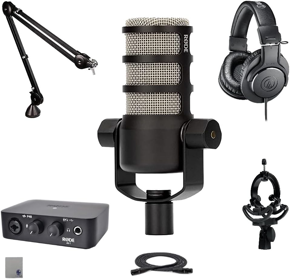 Rode Podcast Studio Bundle with Rode PodMic, Ai1 Audio Interface, PSA1 Boom Arm, GFW-MIC-SM1855 Universal Shockmount, ATH-M20x Monitor Headphones, XLR Cable, and StreamEye Polishing Cloth