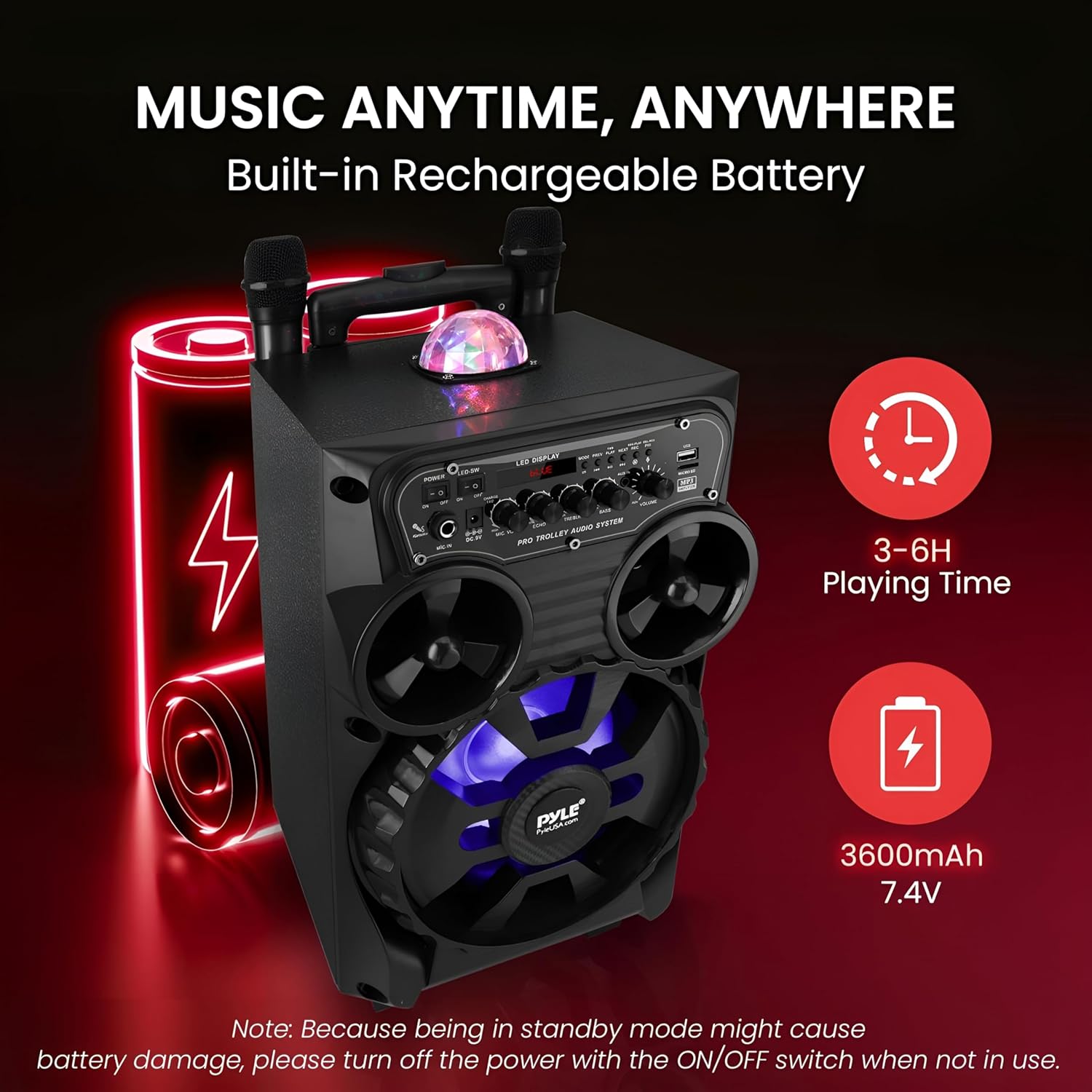 Pyle Portable Bluetooth PA Speaker - 580W 8” Rechargeable Outdoor BT Karaoke Audio System - TWS, Disco Party Lights, LED Display, FM/AUX/MP3/USB/SD, 6.5mm in, Trolley, Wheels - Wireless Mic, Remote