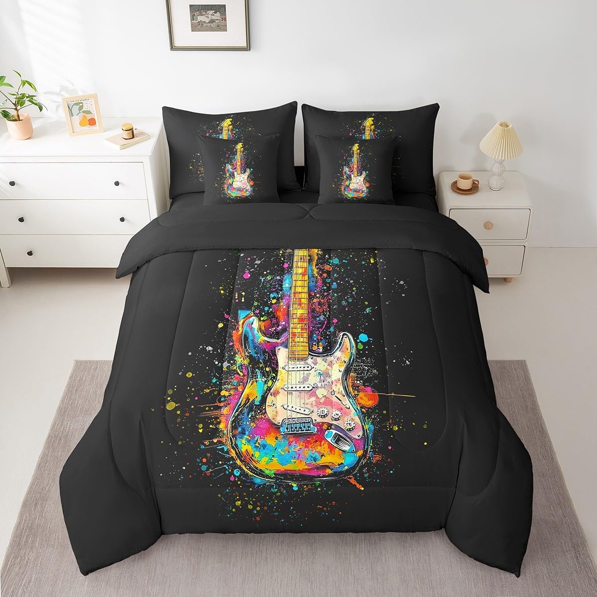 Castle Fairy Music Guitar Comforter Set Bed in a Bag 7 PCS King,Pop Music Lover Bedding Set with Sheets,Watercolor Bass Musical Instrument All Season Lightweight Bed Set for Kids Adults Bedroom Decor
