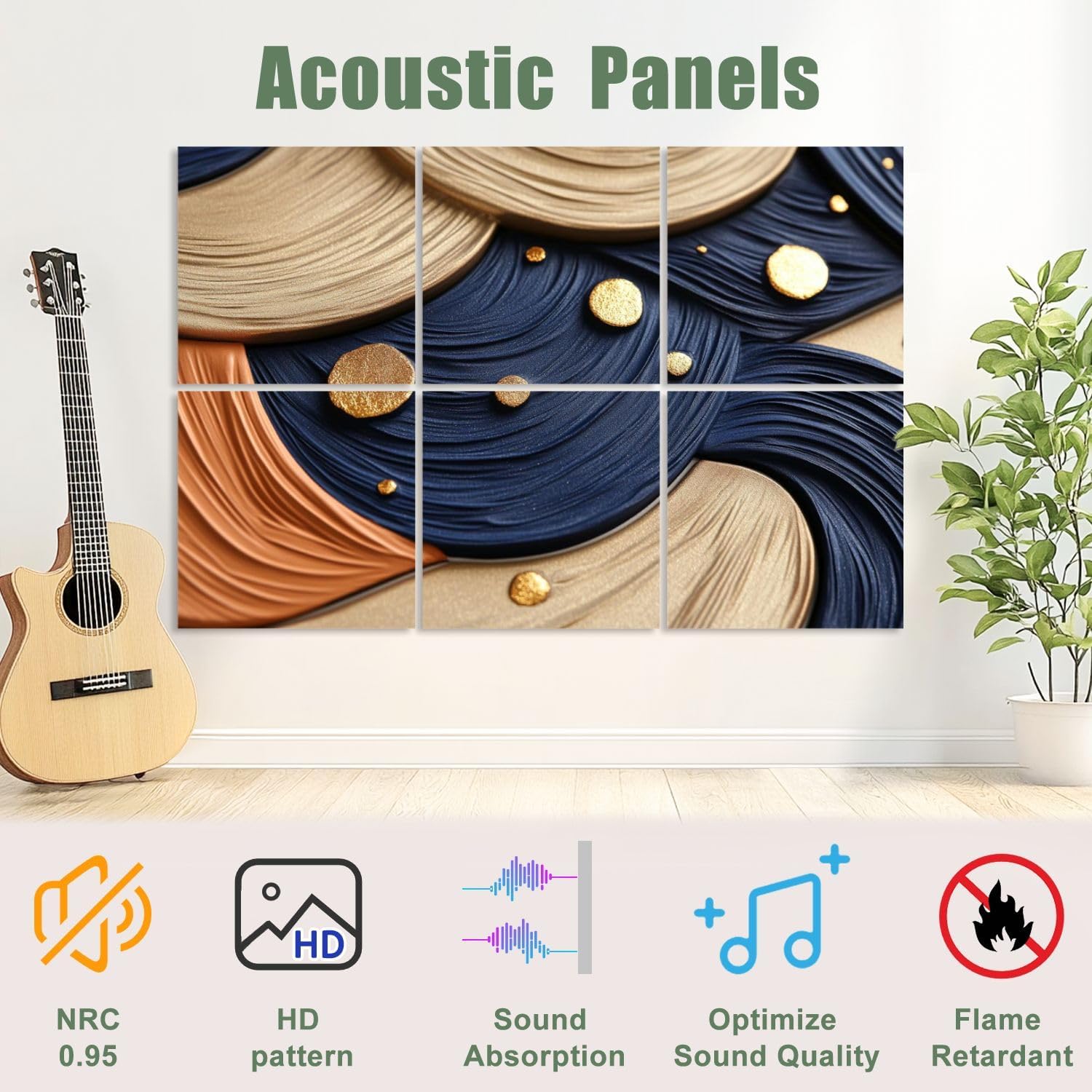 6 Pack Art Acoustic Panels Sound Absorbing Mid Century Abstract Terracotta Navy Blue Orange Boho Minimalist Gold Decorative Soundproof Wall Panels Self Adhesive for Recording Studios Office 72