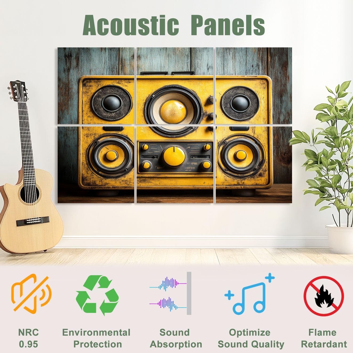 6 Pack Art Acoustic Panels Sound Absorbing Retro Vintage Knobs Speakers Distressed Texture Wood Background Decorative Soundproof Wall Panels Self Adhesive for Recording Studios Office 72