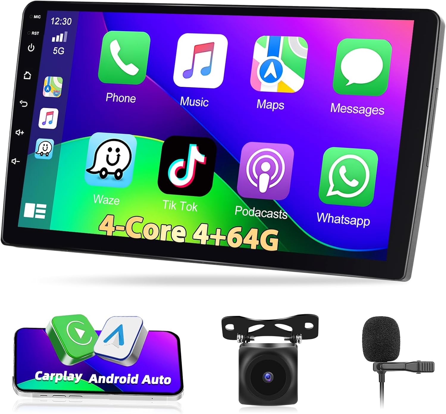 [4+64G] Double Din Car Stereo Radio 10 Inch Touch Screen Bluetooth Audio with Wireless CarPlay & Android Auto GPS Navigation Mirror Link WiFi RDS Backup Camera MIC