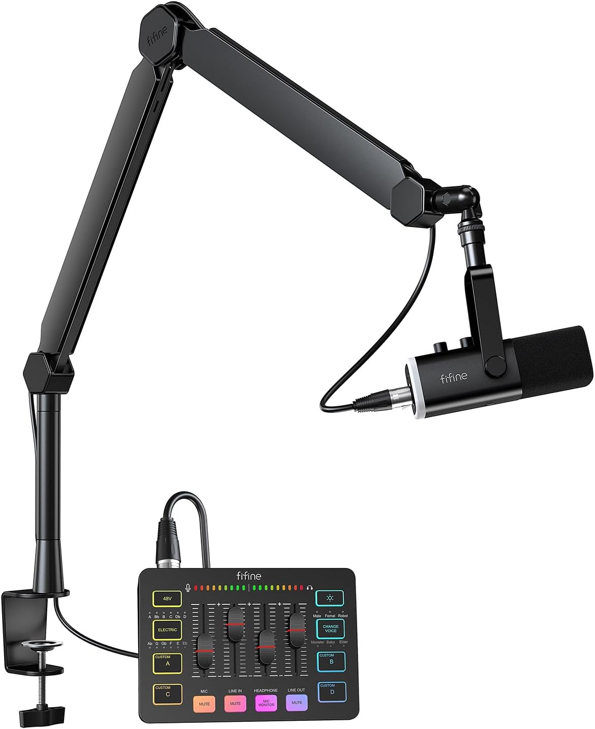 FIFINE Gaming Equipment Bundle with Mic Boom Arm, Dynamic XLR/USB Mic, Audio Mixer, with Heavy Duty Metal Arm Stand Set for Streaming, Podcast, Recording, Vocal, with Volume Control, RGB (KS5+BM66T)