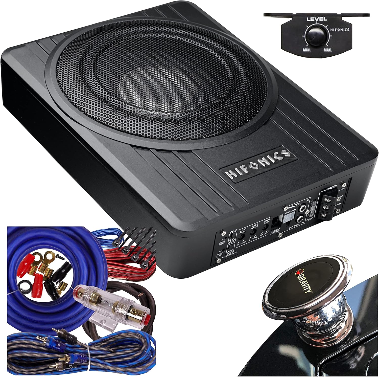Hifonics Brutus BW-110A - 800 Watts Compact Amplified Under The Seat Car Truck Subwoofer Low Profile with Bass Remote and 4 Gauge Blue Kit and Gravity Magnet Phone Holder Bundle, Black