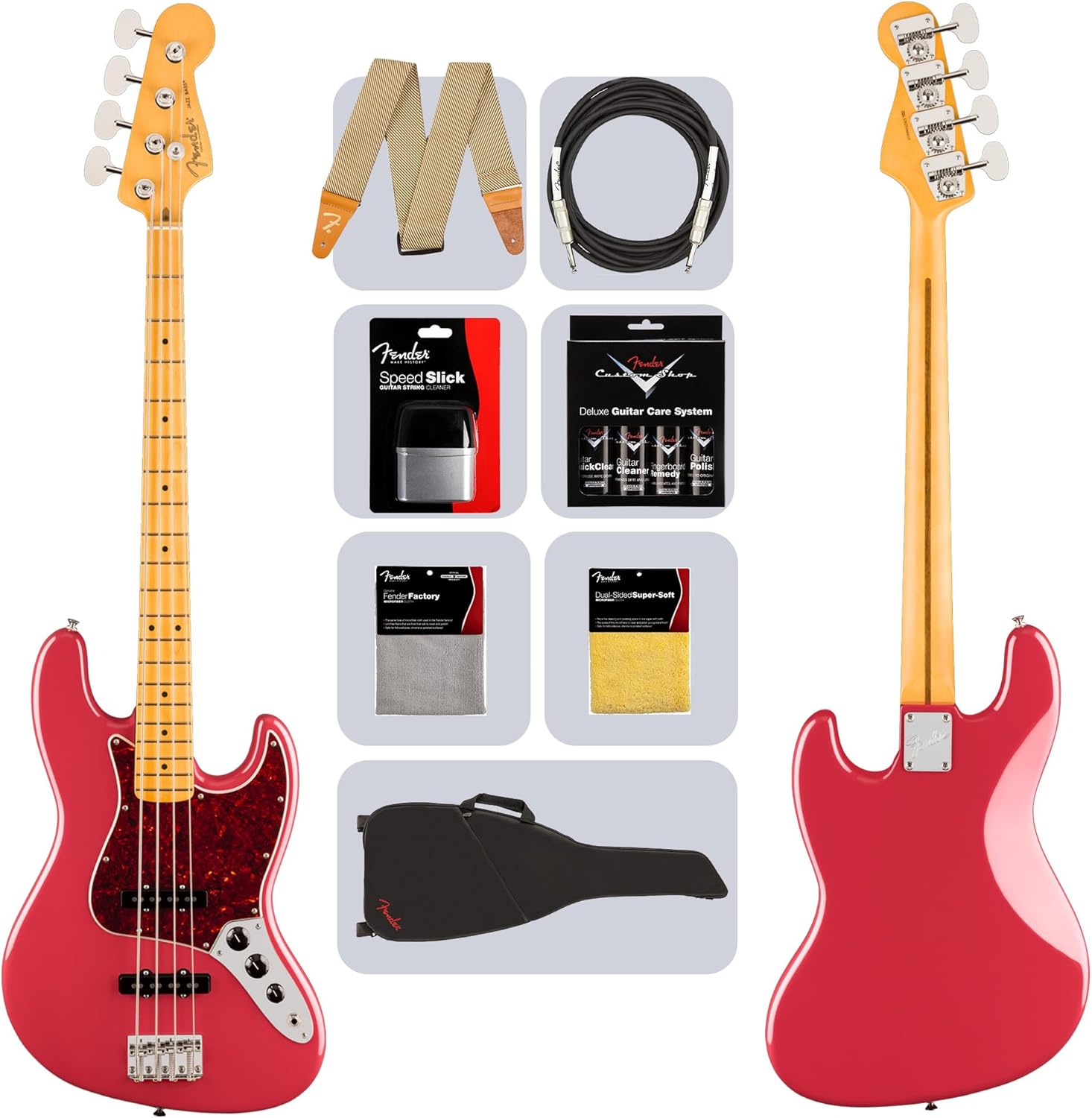 Fender American Professional Classic Jazz Bass - Faded Dakota Red Bundle with Gig Bag, Strap, Cable, and Guitar Cleaning Kit