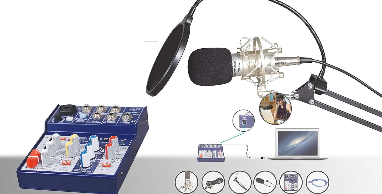 MUSYSIC Professional 4-Channel Digital Mixer with USB Audio Interface for Studio, Webcast, Podcast, Phantom Power with Stereo DJ Studio Streaming - MU-M4KIT