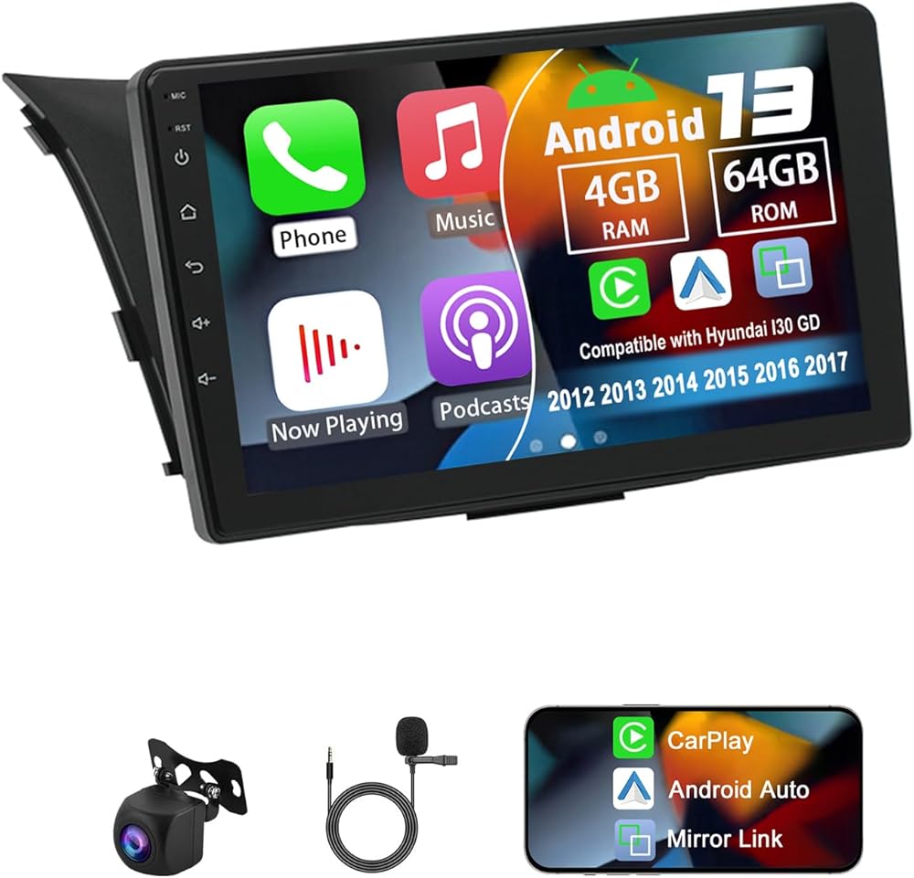 Android 14 Double Din Car Radio Compatible with Hyundai I30 GD 2012 2013 2014 2015 2016 2017, 4G+64G 9