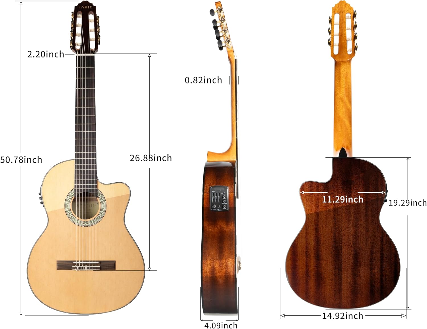 TARIO 7-String Classical Acoustic Electric Guitar, Brazilian Style Cutaway Nylon Guitar with Spruce Top, Mahogany Body, Purpleheart Fingerboard, Built-in 4-Band EQ