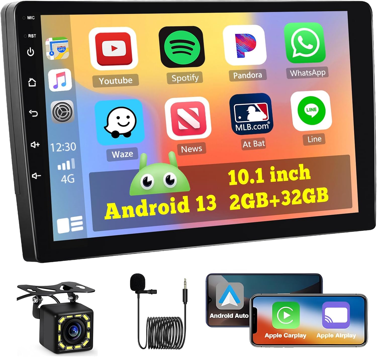Hikity Android Car Stereo Double Din, 10.1 Inch Touchscreen Wireless Carplay Android Auto Indash Radio with GPS Bluetooth FM WiFi Mirror Link SWC + Backup Camera/Microphone