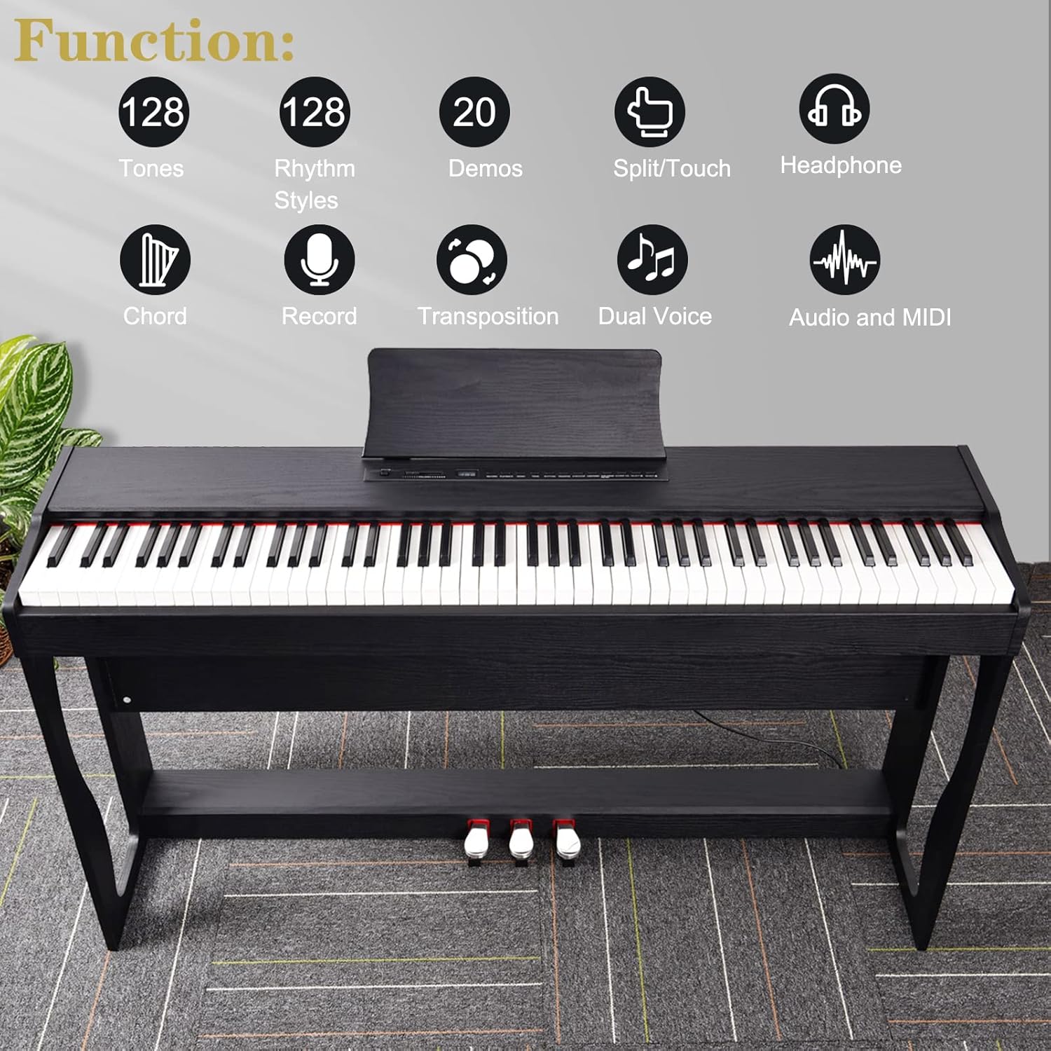 GLARRY Digital Piano 88-Key Home Full Weighted Hammer Heavy Action Digital Piano for All Experience Levels, Beginer, Portable Electric Keyboards Piano, Triple Pedals (Black)