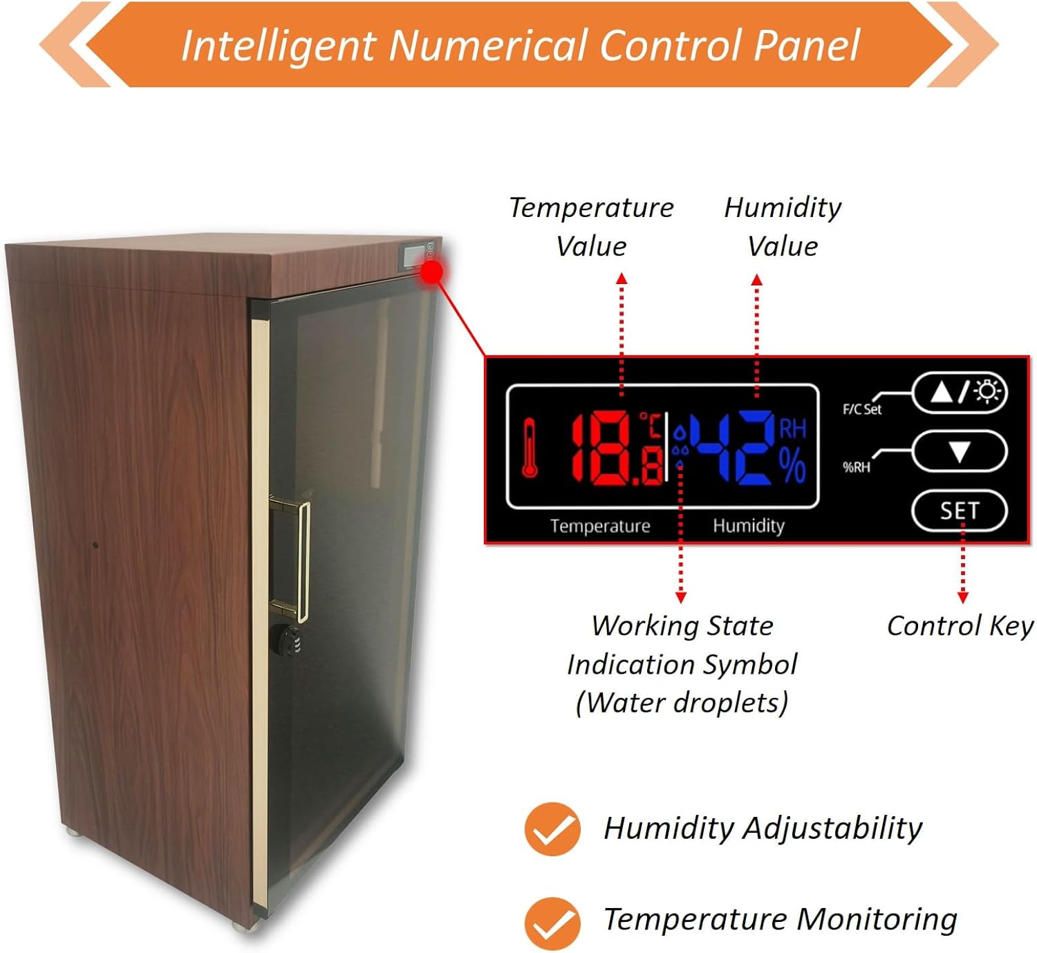 Musical Instrument Dry Cabinet, 35-60% RH Dehumidifying Dry Box for Guitar, Bass, Violin, with Digital Display & Smart Control & Key Lock, Professional Storage Case, 110V