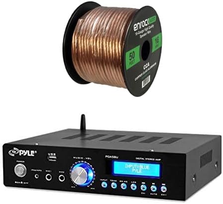 Pyle PDA5BU Amplifier Receiver Stereo, Bluetooth, AM/FM Radio, USB Flash Reader, Aux input (3.5mm) LCD Display, 200 Watt - Bundle With Enrock 50ft 16g Speaker Wire