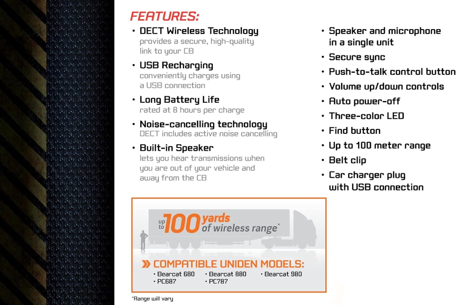 Uniden BC906W Wireless CB Microphone and Speaker in a single unit, Up to 100 Yard Range, Smart Power Save, Active Noise-Canceling Technology, Clear Quality Sound,Black