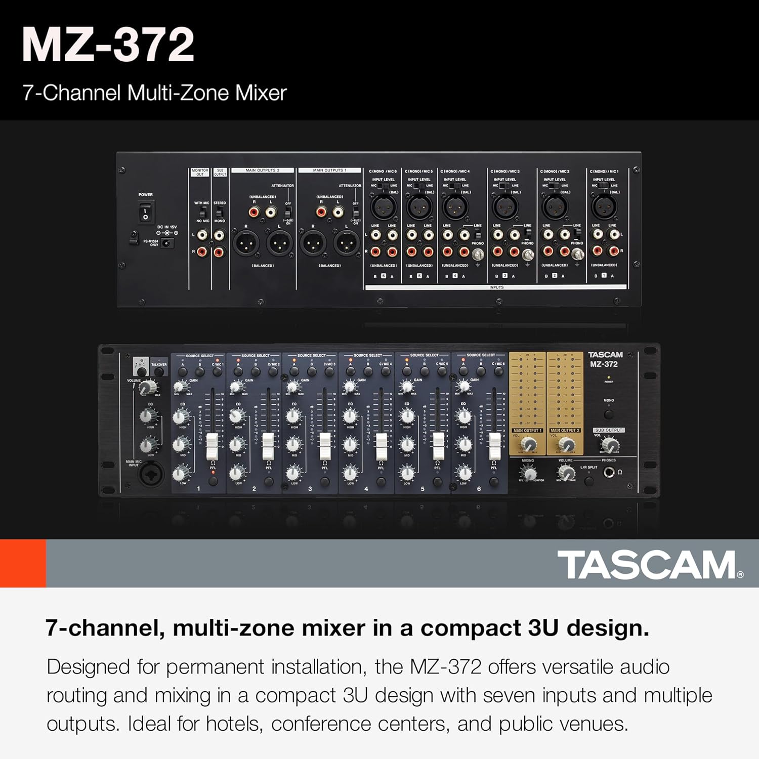 Tascam 7-Channel Rackmount Zone Audio Mixer With Voice Priority (MZ-372)