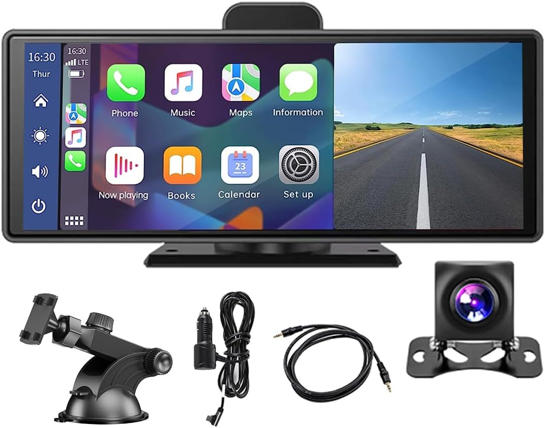 Portable Car Stereo Wireless Apple Carplay & Android Auto 10.26 Inch 2K DVR + 1080P Rear Camera Touchscreen Car Monitor Bluetooth Hands Free Call, Mirror Link/AUX/FM Transmitter for All Vehicle Truck