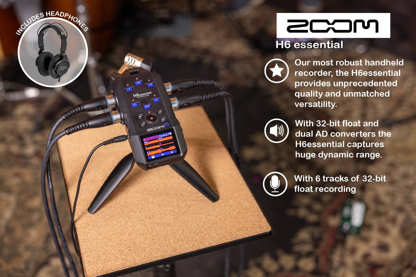 Zoom H6essential with 32-Bit Float, Accessibility, 6-Track Portable Recorder, Stereo Microphones, 4 XLR/TRS Inputs, Records to SD Card, USB Audio Interface, for Musicians, Podcasters, Filmmakers