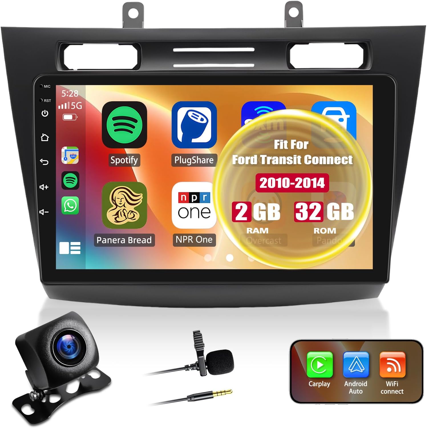 2+32G Android 14 Car Stereo Compatible with Ford Transit Connect 2010-2014 Radio Upgrade 10 Inch Touch Screen with Wireless Carplay Android Auto AHD Backup Camera Mirror Link GPS SWC WiFi FM