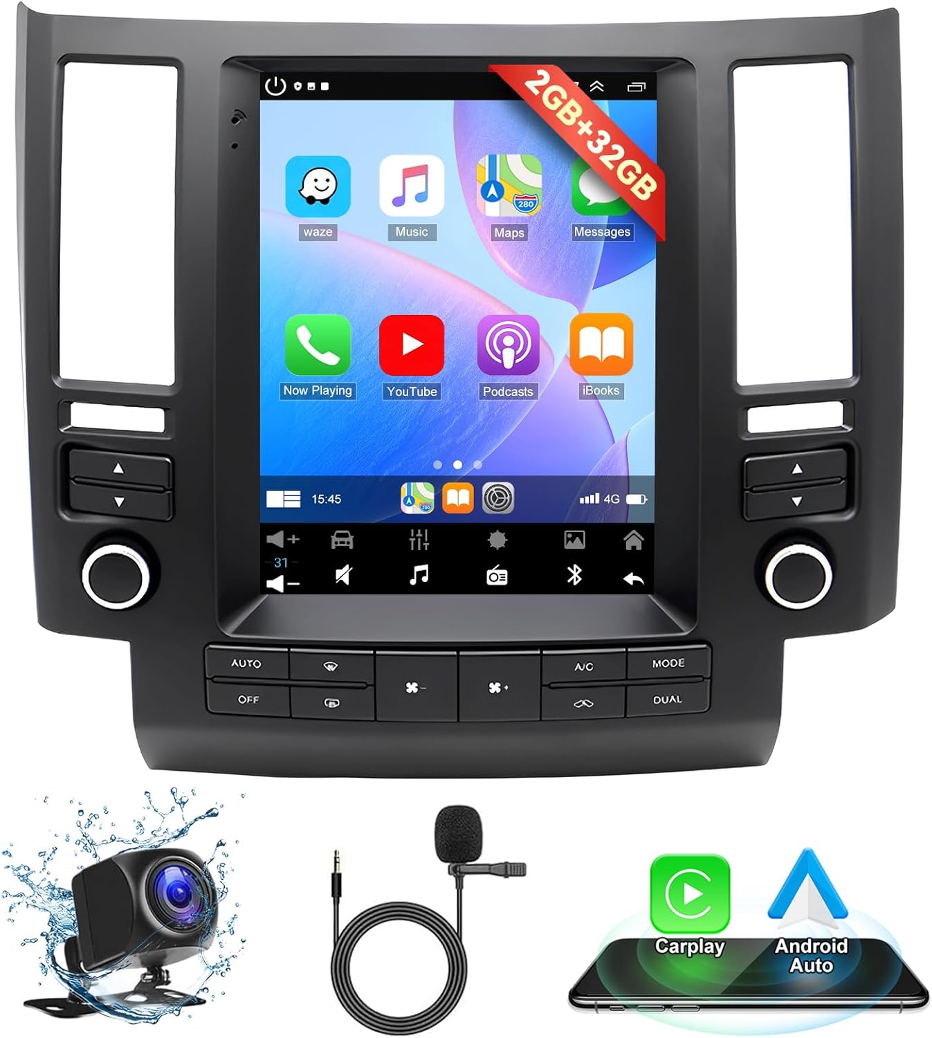 9.7'' Vertical Screen Radio for Infiniti FX35 FX45 2003 2004 2005 2006 with Wireless Carplay Android Auto, GPS Navi, WiFi, EQ DSP, Bluetooth, FM, SWC, Car Stereo for FX35 FX45 with Backup Cam, 2+32GB