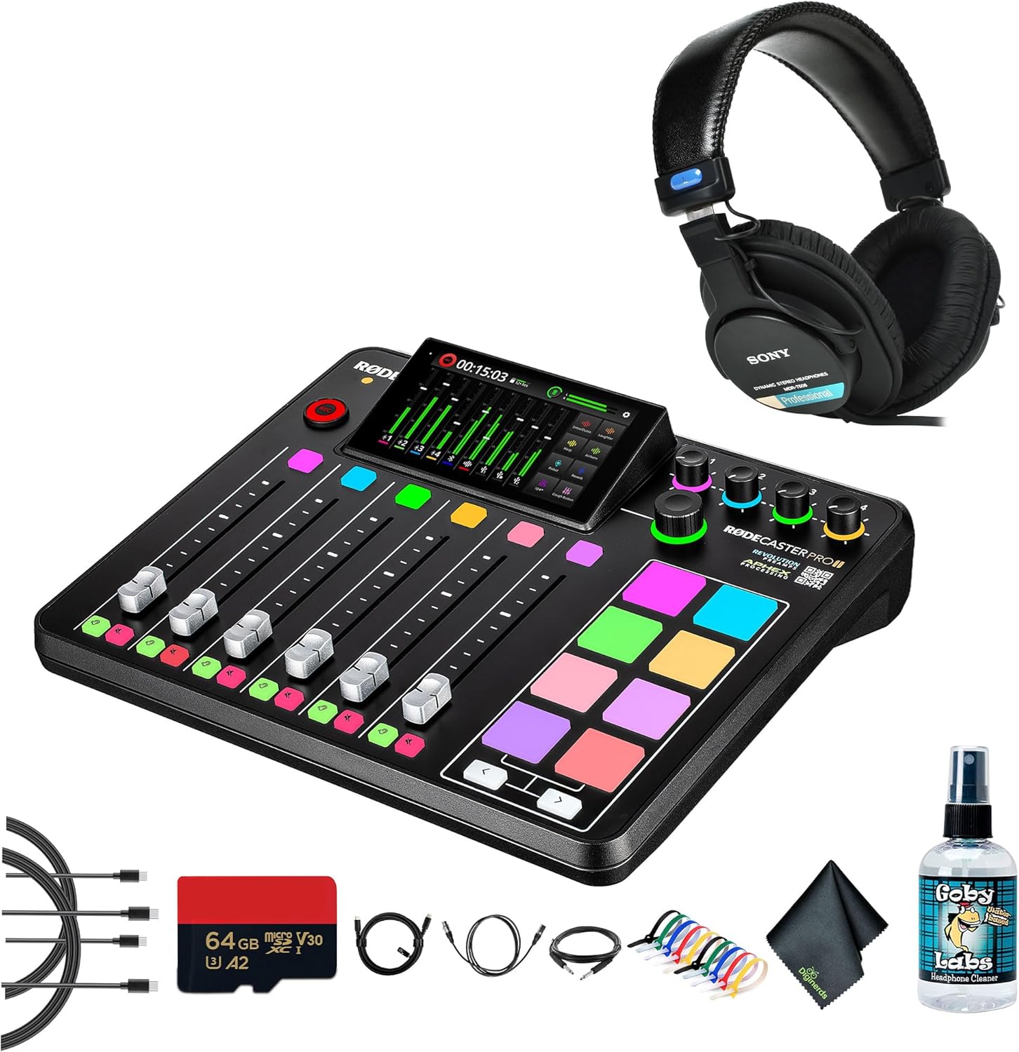 RODE RODECaster Pro II + Studio Headphones + 64GB Micro SD Memory Card + 10 Foot XLR + 2x USB-C + 1/4 TRS + More (Bundle)