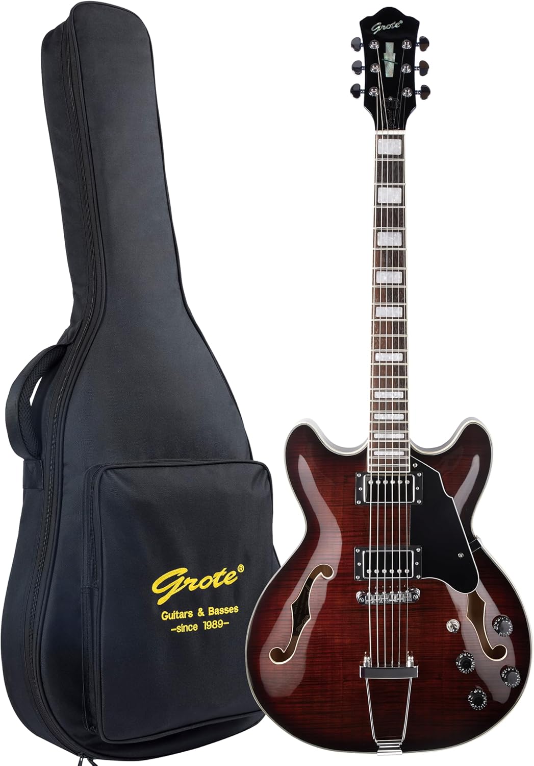 GROTE Jazz Electric Guitar Semi-Hollow Body Trapeze Tailpiece Bridge Guitar Gig Bag (Brown)