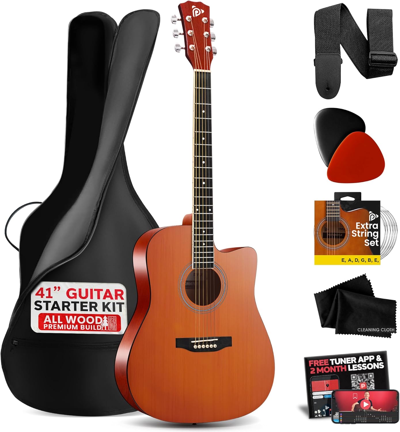 Pyle Steel String Acoustic Guitar Kit, 4/4 Full Size Cutaway All-Wood Guitarra Acustica with Premium Accessory Set and Upgraded Gig Bag, 41