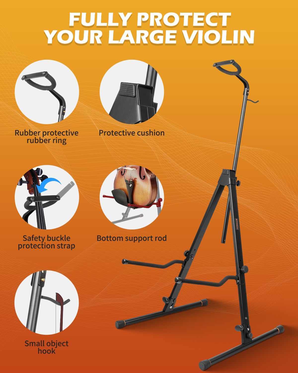 STRICH Adjustable Cello Stand with Bow Hook,Sturdy and 1/2 & 1/4 Double Bass,Contrabass,Bass,Fiddle,Floor Steel Holder for Home Studio Churches Display Travel Performance,SCS-10